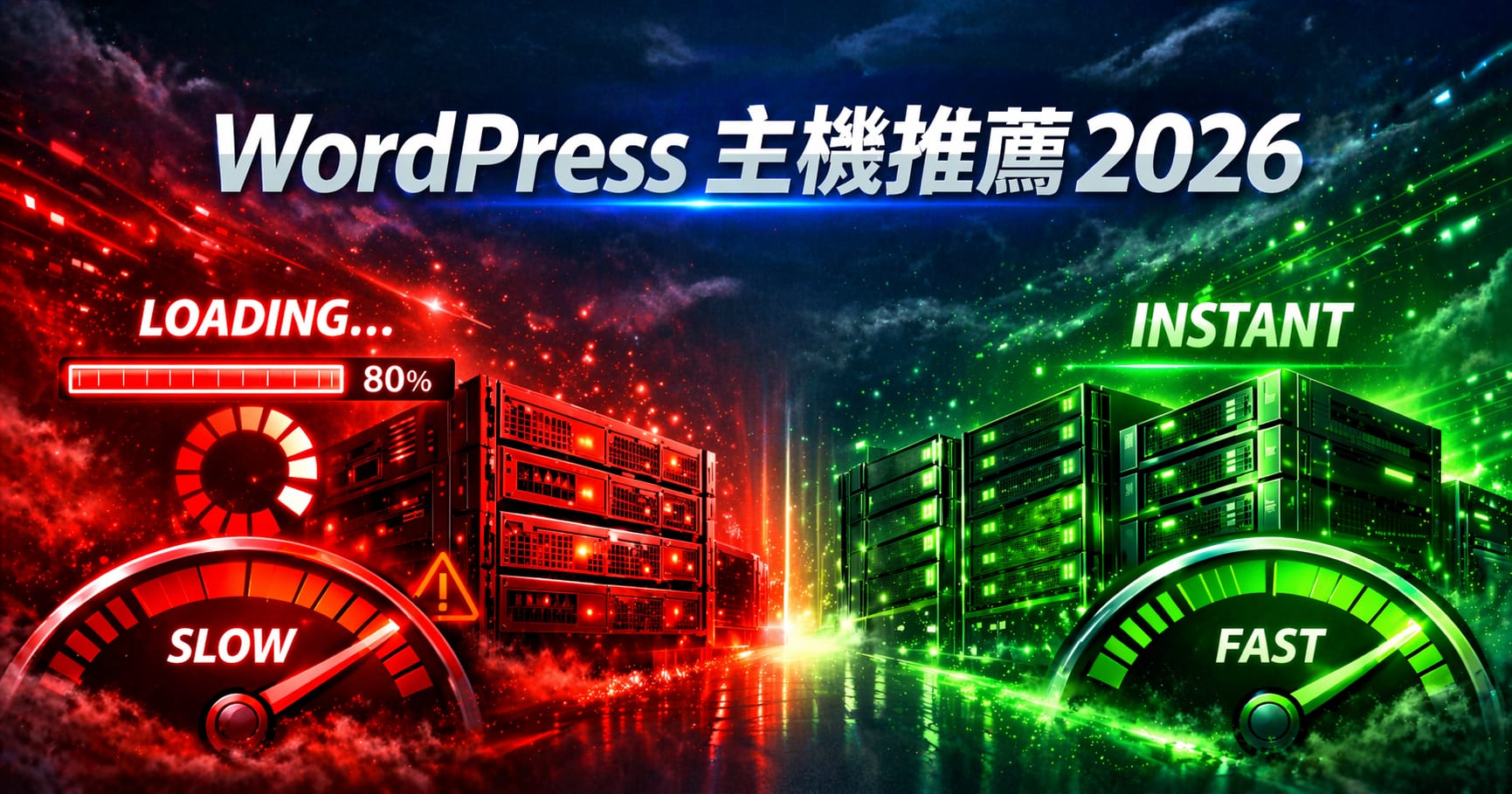 WordPress hosting promo banner 2026 showing red 'SLOW' dial and green 'FAST/INSTANT' dial with 80% loading bar.