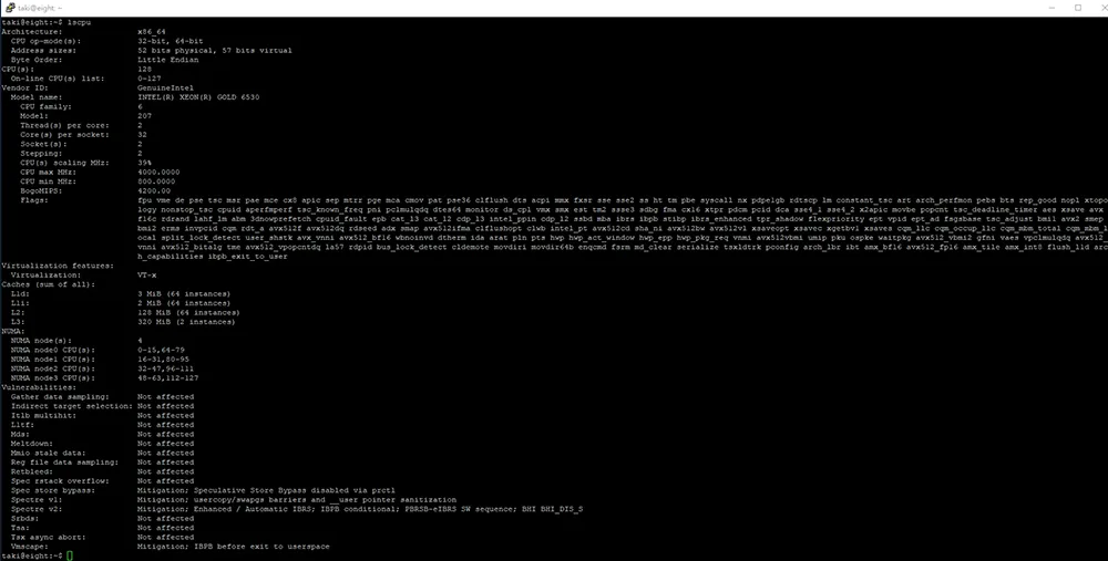 檢查 CPU 資訊 - TAKI官方部落格 - TAKI官方部落格 Terminal window showing a black screen with white text listing VM hardware details (CPU model, cores, memory, virtualization features) and other system specs.