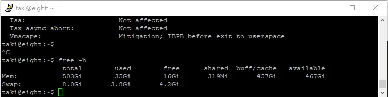 檢查 RAM - TAKI官方部落格 - TAKI官方部落格 Terminal window showing a Linux system status: kernel mitigations listed; memory (Mem: total 503Gi, used 35Gi, free 16Gi) and swap (8.0Gi total, 3.8Gi used, 4.2Gi free) are displayed.